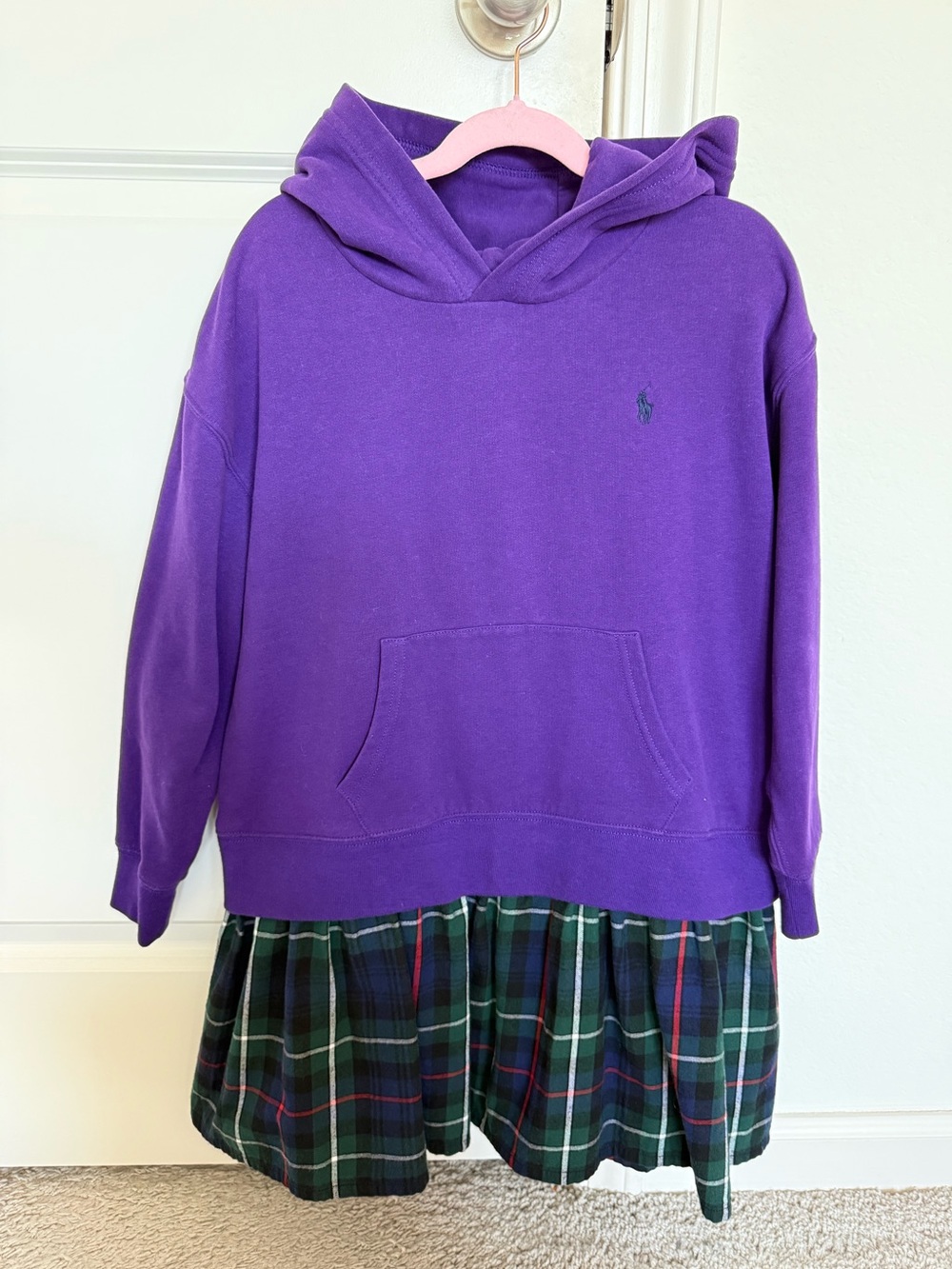 Ralph Lauren Girls Purple Hooded Sweatshirt Dress with Plaid Skirt
